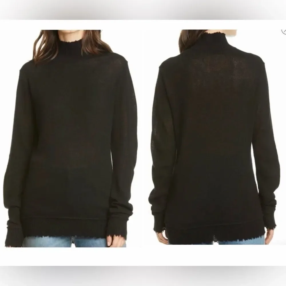R13 Cashmere Sweater Long Sleeve Mock Neck Distressed Hem Black Size S